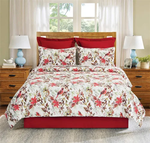 Vista 5 de C&F Home Averie - Juego de edredón reversible botánico con acebo y ramitas navideñas, diseño de cardenal y flor de pascua, tamaño matrimonial/queen