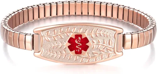 Vista 7 de Pulsera de Alerta Médica Elástica Oliva Divoti – Etiqueta de ID de Acero Inoxidable Grabada Personalizada – Hipoalergénica, Sin Cierre