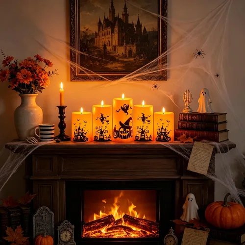 Vista 5 de Sasigeiaa Velas sin llama naranja de Halloween con control remoto, paquete de 5 velas LED que funcionan