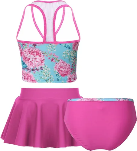 Vista 2 de Hularka Traje de baño tankini de 3 piezas para niños y niñas, parte superior cruzada con parte inferior y faldas para trajes de baño deportivos