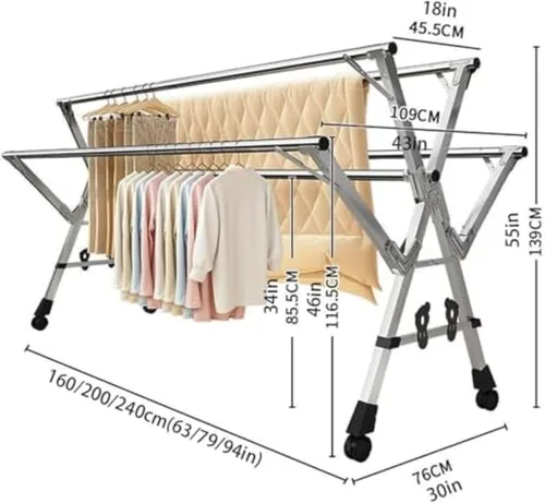 Vista 2 de Adjustable Foldable Clothes Drying Rack, Outdoor Indoor Laundry Stand, for Drying Bedding, Shirts, Towels More in Balcony or Bedroom (94in 94in)