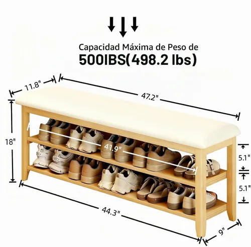 Vista 2 de Banco de almacenamiento de zapatos de madera con cojín de cuero