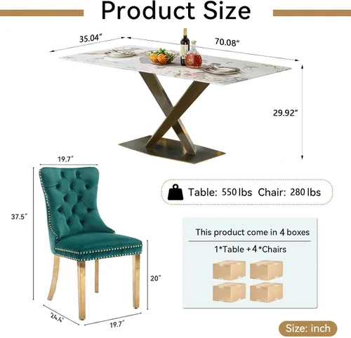 Vista 9 de Juego de mesa de comedor de mármol blanco para 4, 70 pulgadas, mesa de comedor de mármol blanco con 4 sillas de terciopelo verde y base de acero al