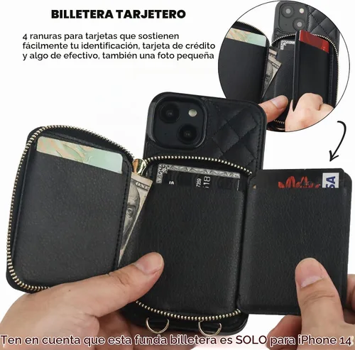 Vista 4 de Bocasal Funda tipo cartera cruzada para iPhone 14, con bloqueo RFID, de piel sintética, con cremallera, funda tipo cartera con función atril y Negro