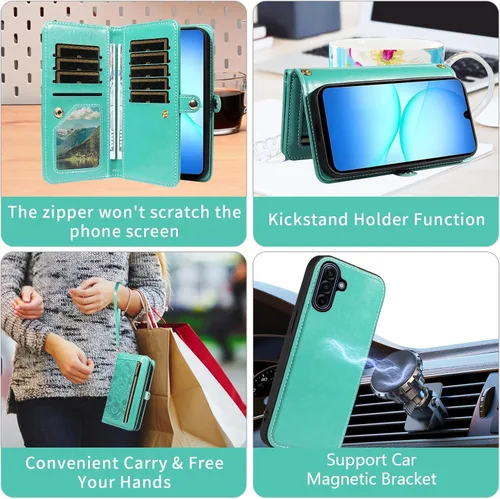 Vista 5 de Asuwish Funda de teléfono para Samsung Galaxy A17 5G con cremallera, funda de celular desmontable con protector de pantalla de vidrio templado Verde