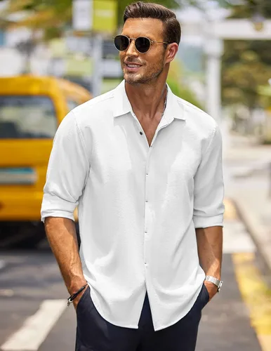 Vista 2 de COOFANDY Camisa casual de manga larga con botones para hombre, camisa de verano para playa, boda
