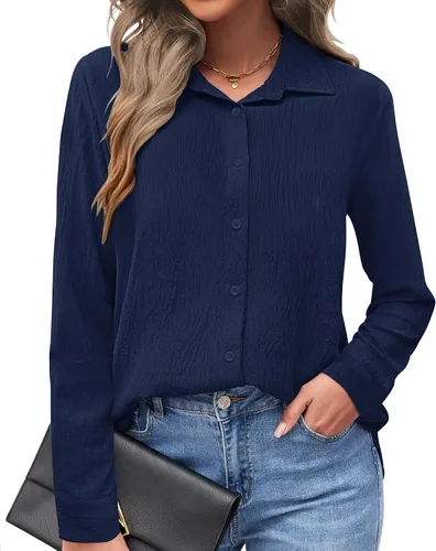 Vista 10 de AUSELILY - Camisas con botones para mujer, manga larga, cuello con botones, blusas casuales para el trabajo y negocios, túnicas