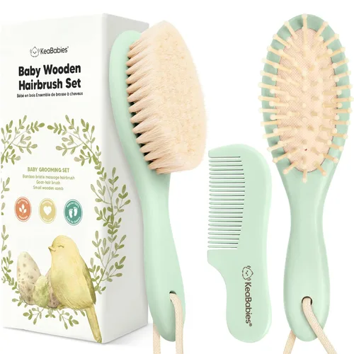Vista 15 de Juego de cepillo y peine para cabello de bebé para recién nacidos - Juego de cepillos de madera para cabello de bebé con cerdas suaves de cabra