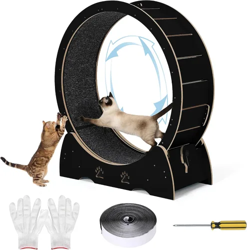 Vista 2 de Cat Exercise Wheel Wooden Running Treadmill with Carpeted Runway for Indoor Black