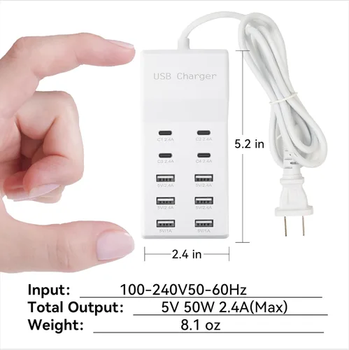 Vista 6 de Bloque de estación de carga USB con 10 puertos (6 puertos USB-A y 4 puertos USB-C), tira de alimentación USB para teléfono inteligente, tableta