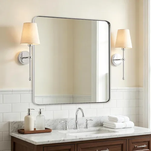 Vista 40 de ANDY STAR Espejo de pared cuadrado para baño, espejo de baño negro mate de 24 x 24 pulgadas, espejo de metal de esquina redondeada en marco de acero