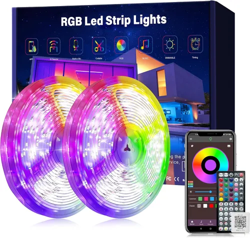Vista 8 de Ledagic - Luces LED de 50 pies para dormitorio, tira de luces LED con sincronización de música, cambio de color, control remoto de 60 teclas