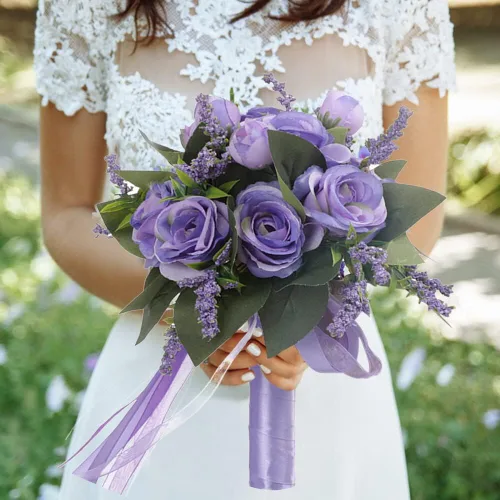 Vista 6 de EUBUY Ramos de boda para dama de honor, rosas artificiales blancas de 10.2 pulgadas, juego de ramos de seda de la serie Forest con lazo de cinta