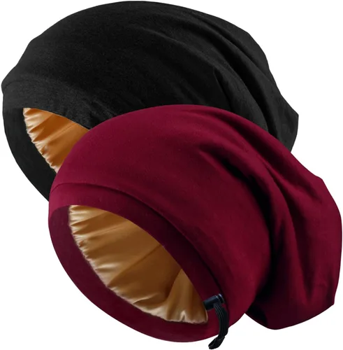 Vista 9 de 2 gorros de seda ajustables para dormir, gorro de dormir con forro de satén para mujeres y hombres, gorro de seda para el cabello holgado.