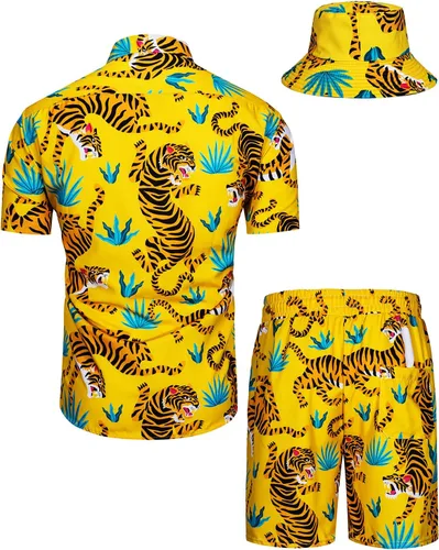 Vista 132 de TUNEVUSE Conjunto de camisas y pantalones cortos hawaianos para hombre, 2 piezas, trajes de playa con estampado de flores, traje tropical de verano
