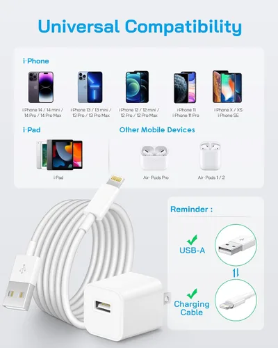 Vista 7 de Cargador Lightning para iPhone，[Certificado MFi] Cargador USB para teléfono con cable de carga de 6 pies para iPhone 14 13 12 11 Pro/Pro Max/SE