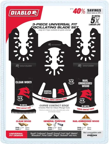 Vista 2 de Diablo DOU3BS Juego de cuchillas oscilantes bimetálicas de ajuste universal de 3 piezas, incluye cuchillas para madera incrustada en clavos, madera