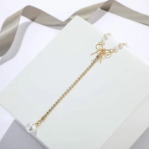 Vista 2 de Collares para mujer, collar de perlas de oro rosa, collar de perlas de moda simple lazo clavícula colgante collares y colgantes (oro, talla única)
