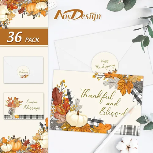 Vista 2 de AnyDesign Paquete de 36 tarjetas de felicitación de Acción de Gracias, tarjetas de felicitación de otoño a cuadros en blanco y negro con sobre