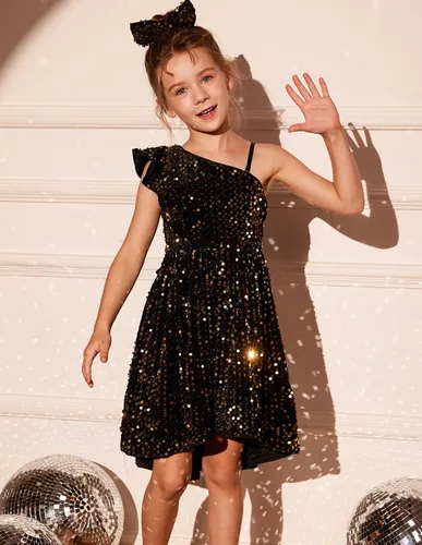 Vista 2 de GRACE KARIN Vestido de lentejuelas de un hombro para niñas, vestido de fiesta alto y bajo para 5-14 años
