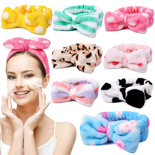 Vista 10 de UMIKU Paquete de 8 diademas faciales para mujeres - Suaves en polar de coral, cosméticas y para el cuidado de la piel, envolturas para el cabello