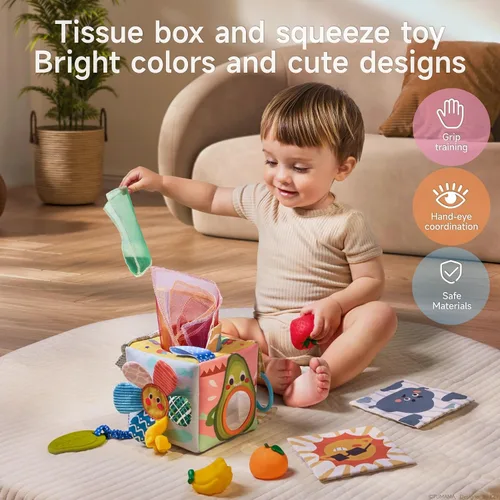 Vista 2 de TUMAMA - Caja de pañuelos para bebé, juguetes Montessori para bebés de 6 a 12 meses, juguetes sensoriales suaves y arrugados para bebés de 0 a 12