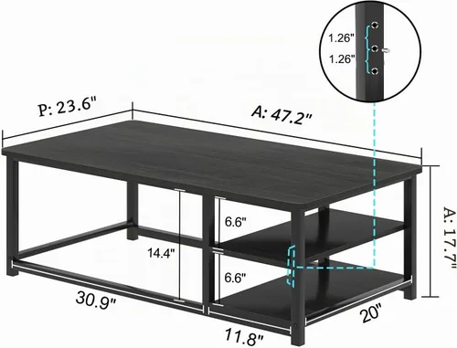 Vista 2 de EXCEFUR Mesa de centro negra, mesa de sala de estar de madera rústica con estante de almacenamiento, mesa central rectangular moderna, 47 pulgadas