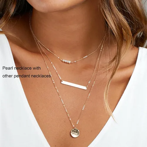 Vista 5 de Tewiky Collares de perlas para mujer, delicado collar de oro chapado en oro de 14 quilates, collar de perlas simples, collares de gargantilla