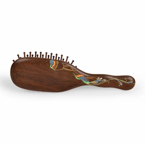 Vista 3 de TAN MUJIANG Cepillo de pelo de madera para mujer, masaje de cuero cabelludo, antiestático, pavo real, 1 unidad