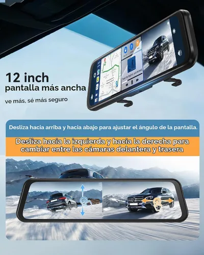 Vista 5 de Cámara de espejo retrovisor de 12'' con CarPlay y Android Auto, cámara de tablero de 4K, cámara frontal y trasera con asistencia de marcha