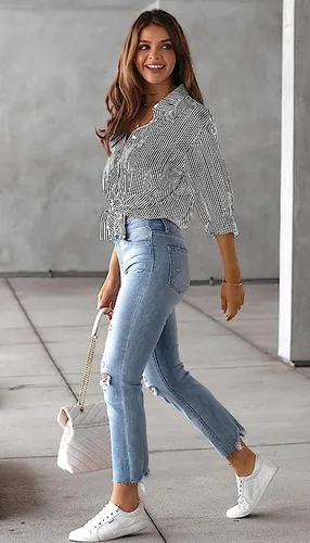 Vista 4 de Cugoodte Camisas de manga larga para mujer, con botones, a rayas, para oficina, negocios, trabajo, blusas con bolsillo