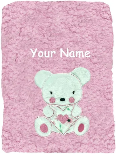 Vista 2 de Manta de bebé Sherpa rosa con personaje de oso de peluche personalizado con nombre personalizado