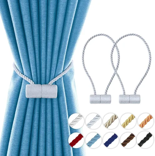 Vista 17 de Alzapaños magnéticos fuertes de 18 pulgadas, sujetadores de cortina modernos, estilo trenzado, cuerda decorativa para cortinas (2 unidades, beige)