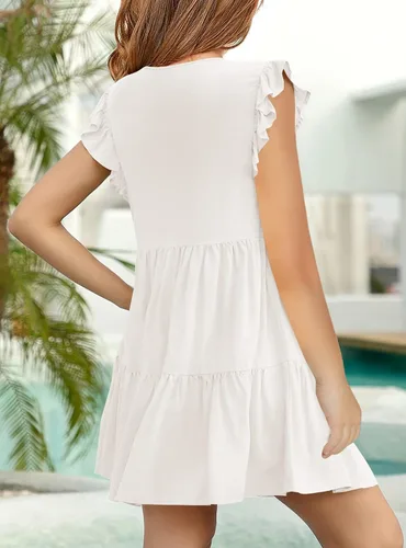 Vista 5 de Mafulus Vestido de manga con volantes para niñas, cuello en V, botones, escalonado, acampanado, vestido de verano para la playa, 5-14T