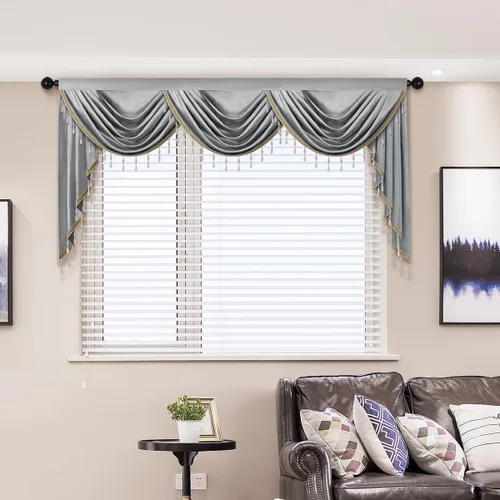 Vista 35 de Cenefas de cortina de terciopelo negro de lujo para sala de estar con cuentas (39 pulgadas, 1 panel)