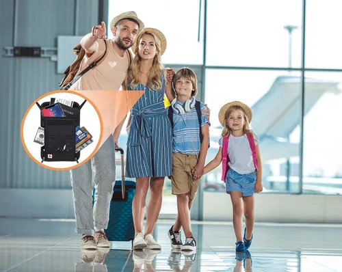 Vista 7 de Cartera de cuello con bloqueo RFID, bolsa de viaje para pasaporte para mujeres y hombres, color negro