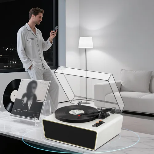 Vista 10 de Tocadiscos de vinilo de tamaño completo, tocadiscos Bluetooth de 3 velocidades con estilo Ruby, contrapeso ajustable, 4 altavoces estéreo