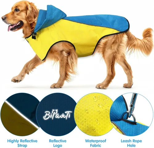 Vista 5 de Impermeable para perro, poncho impermeable con capucha, chaqueta reflectante de seguridad para perro, abrigo impermeable para perro, impermeable