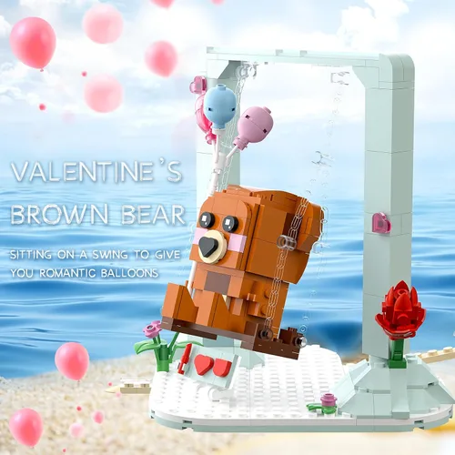 Vista 6 de Nubee Juguetes de construcción de oso marrón de San Valentín compatibles con Lego, lindos juegos de construcción de osos oscilantes con corazón