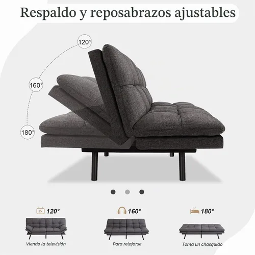 Vista 3 de Opoiar Sofá cama plegable de espuma viscoelástica convertible con reposabrazos y respaldos ajustables para espacios pequeños, oficina, estudio
