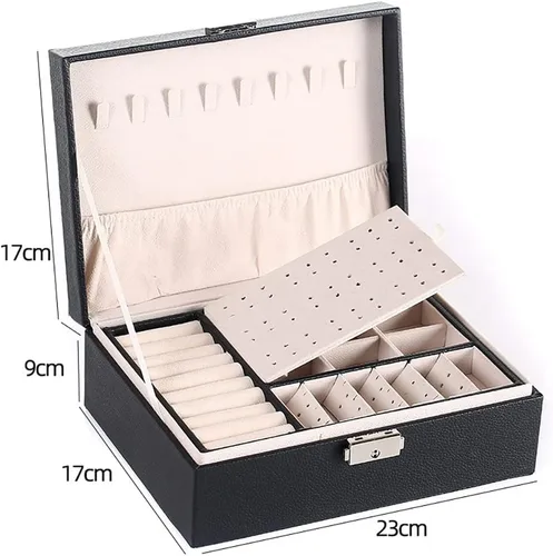 Vista 2 de NuAngela Organizador grande para mujeres y niñas estuche de almacenamiento de joyas de 2 capas soporte de joyería de piel sintética con bandeja