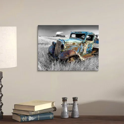 Vista 3 de SunFlax Arte de Lienzo de Pared de Carro Oxidado: Obra de Arte de Camión Azul Viejo Cuadro Rústico de Automóvil Pintura Vintage de Campo Antigua