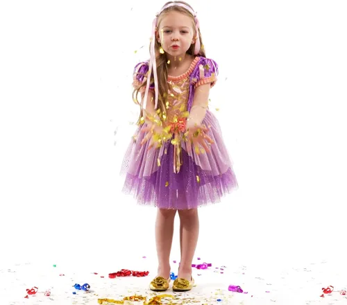 Vista 6 de Little Adventures Rapunzel - Vestido de fiesta de princesa, lavable a máquina, disfraz de juego de simulación para niños, sin purpurina