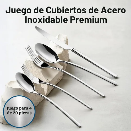 Vista 4 de Riesa - Juego de cubiertos para 4, juego de 20 piezas de plata, cubertería de acero inoxidable 18/10 con acabado espejo, utensilios aptos