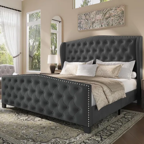 Vista 11 de BRELTAM Marco de cama tapizado tamaño Queen en terciopelo color beige con cabecera y pie de cama acolchados con botones profundos y soporte