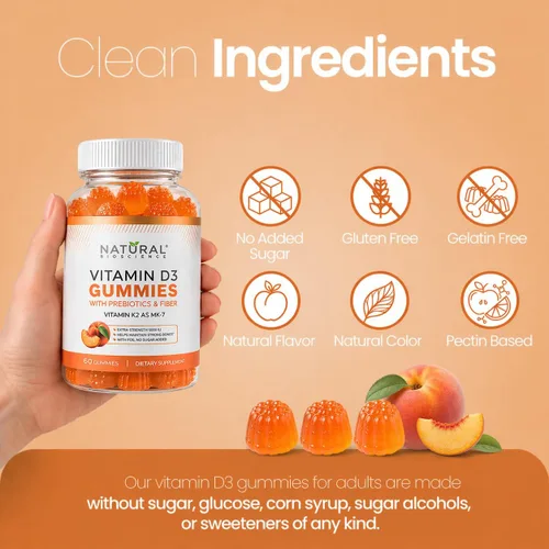 Vista 6 de Gomitas de vitamina D3 K2 sin azúcar 5000 UI + K2 MK7 80 mcg - Gomitas de vitamina D para adultos con prebióticos y fibra - Apoya los huesos