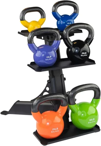 Vista 8 de Body-Solid (GDKR50) Soporte para pesas rusas de 3 niveles, compacto y duradero, soporte de pesas rusas para gimnasio en casa, se adapta a campanas