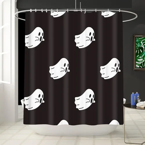 Vista 2 de Cortina de ducha decorativa, divertidos iconos de fantasmas blancos, lindo patrón espeluznante de Halloween, juego de cortina de ducha de poliéster 1