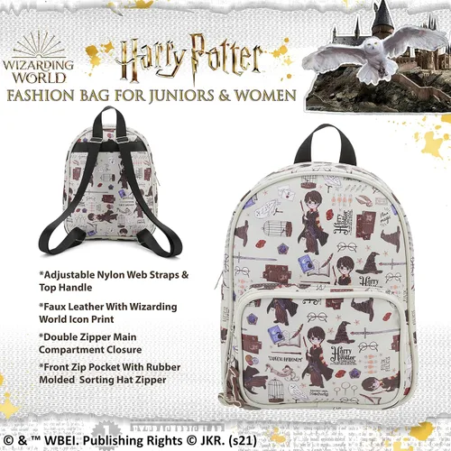 Vista 4 de Harry Potter Wizarding World Magic Mini mochila con estampado de iconos Hogwarts Allover de 10.5 pulgadas, correas ajustables, piel sintética