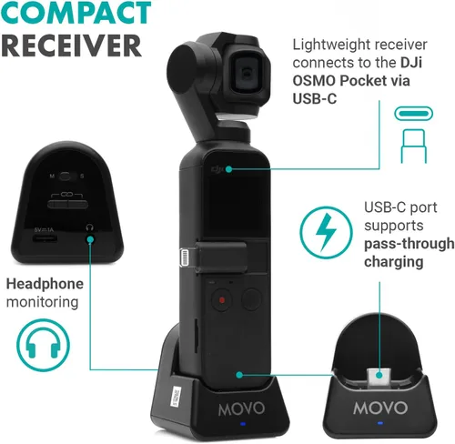 Vista 4 de Movo Edge-OP-Duo - Micrófono de solapa inalámbrico dual para Osmo Pocket 1 y 2, micrófono inalámbrico de solapa con clip, 2 transmisores y receptor